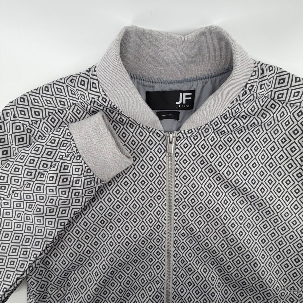 JF J Ferrar Mens Bomber Jacket Geometric Print Full Zip Gray Casual Outerwear